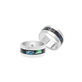 Handcrafted sterling silver wide band ring with colorful Abalone Shell inlay, unisex artisan jewelry for everyday wear or gifting.